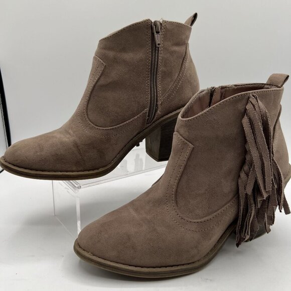 Faded Glory Women 9 Brown Fringe Faux Suede Zip Heel Ankle Boots Western Cowgirl - Picture 2 of 16